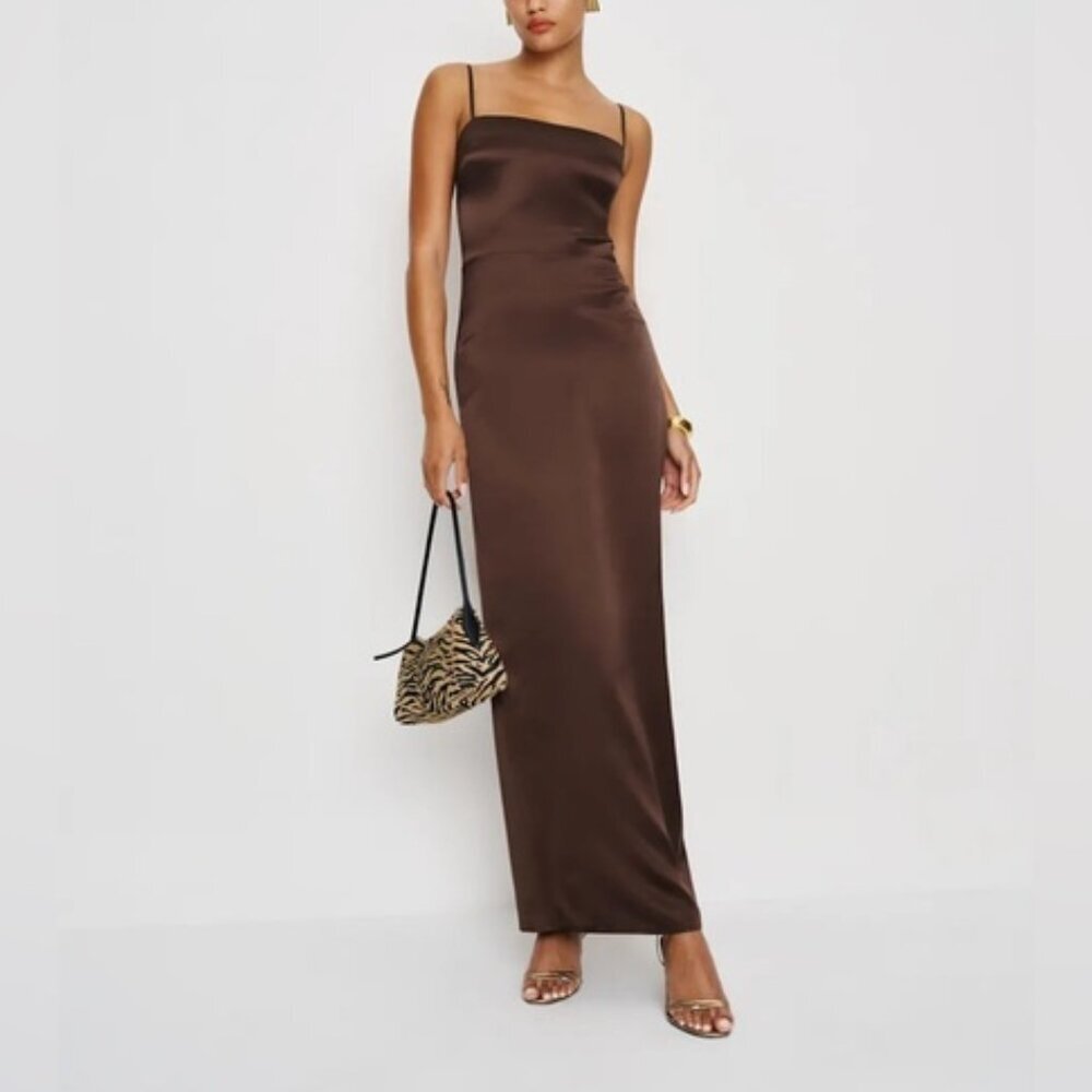 NEW Reformation Frankie Silk Maxi Navy Dress Gown Cafe Brown | US 0 UK 4